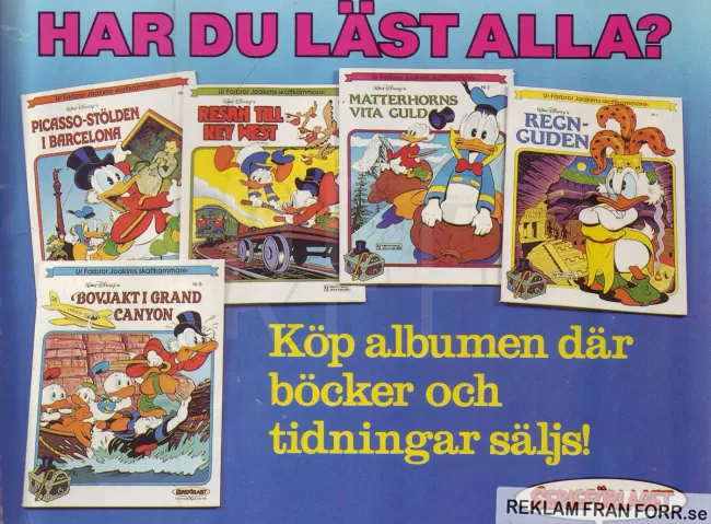 Reklam för seriealbumen "Ur Farbror Joakims skattkammare" från Walt Disney