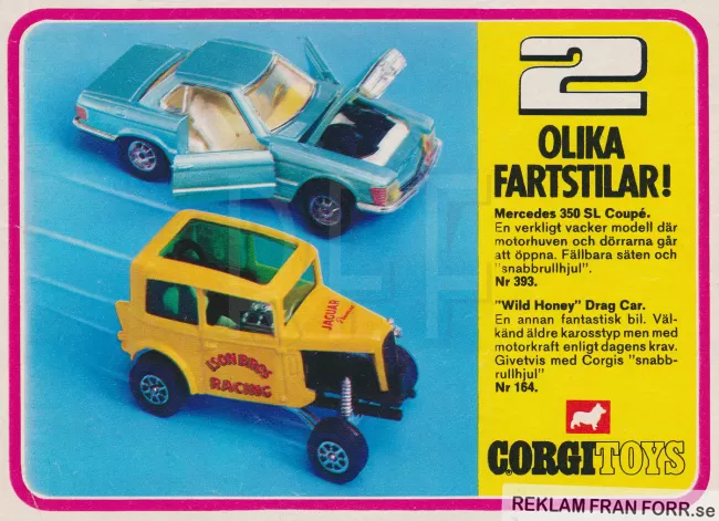 Reklam för två leksaksbilar från Corgi Toys - Mercedes 350 SL Coupé och "Wild Honey" drag car