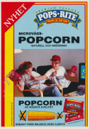 Reklam för micropopcorn av märket Pops-Rite med två ungdomar som sitter i en soffa och äter popcorn ur påsen
