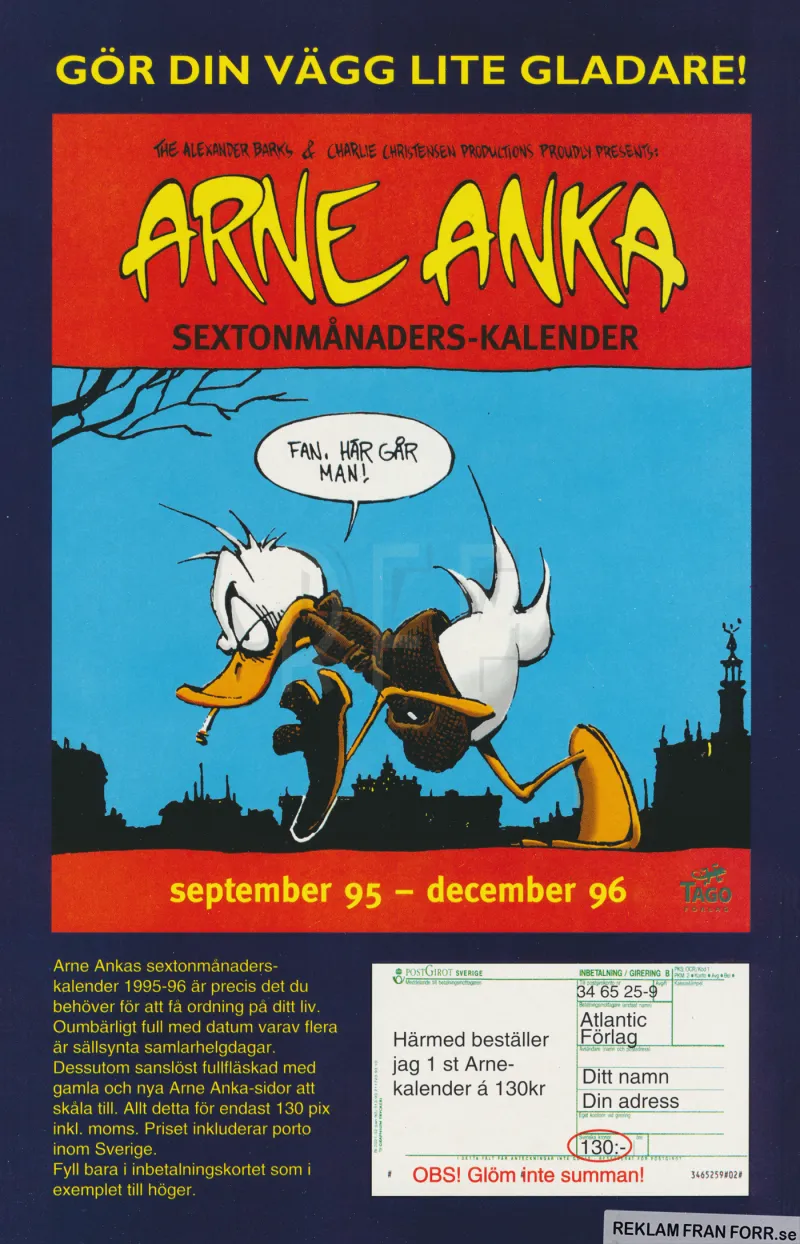 Reklam för en 16-månaderskalender med motiv från serien Arne Anka