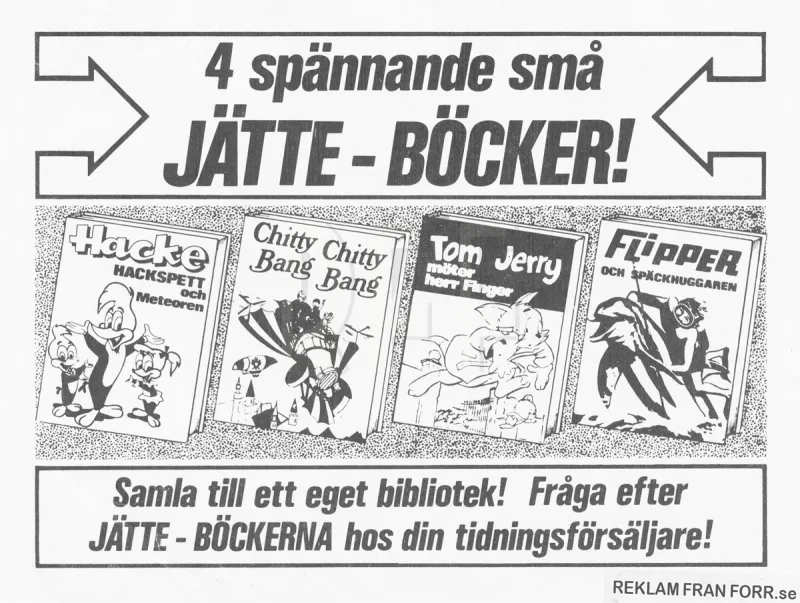 Reklam för Jätte-Böckerna, billiga och mindre böcker som man kan köpa hos din tidningsförsäljare