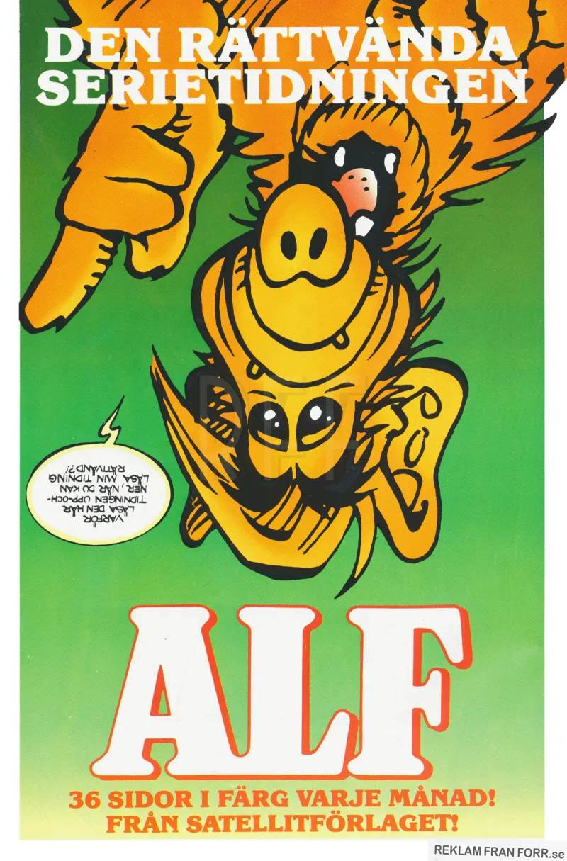 Reklam för serietidningen om utomjordingen ALF som kommer till jorden