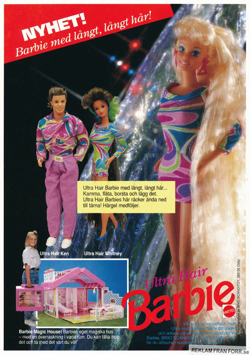 Reklam för dockan Barbie med en liten bild på Barbie Magic house