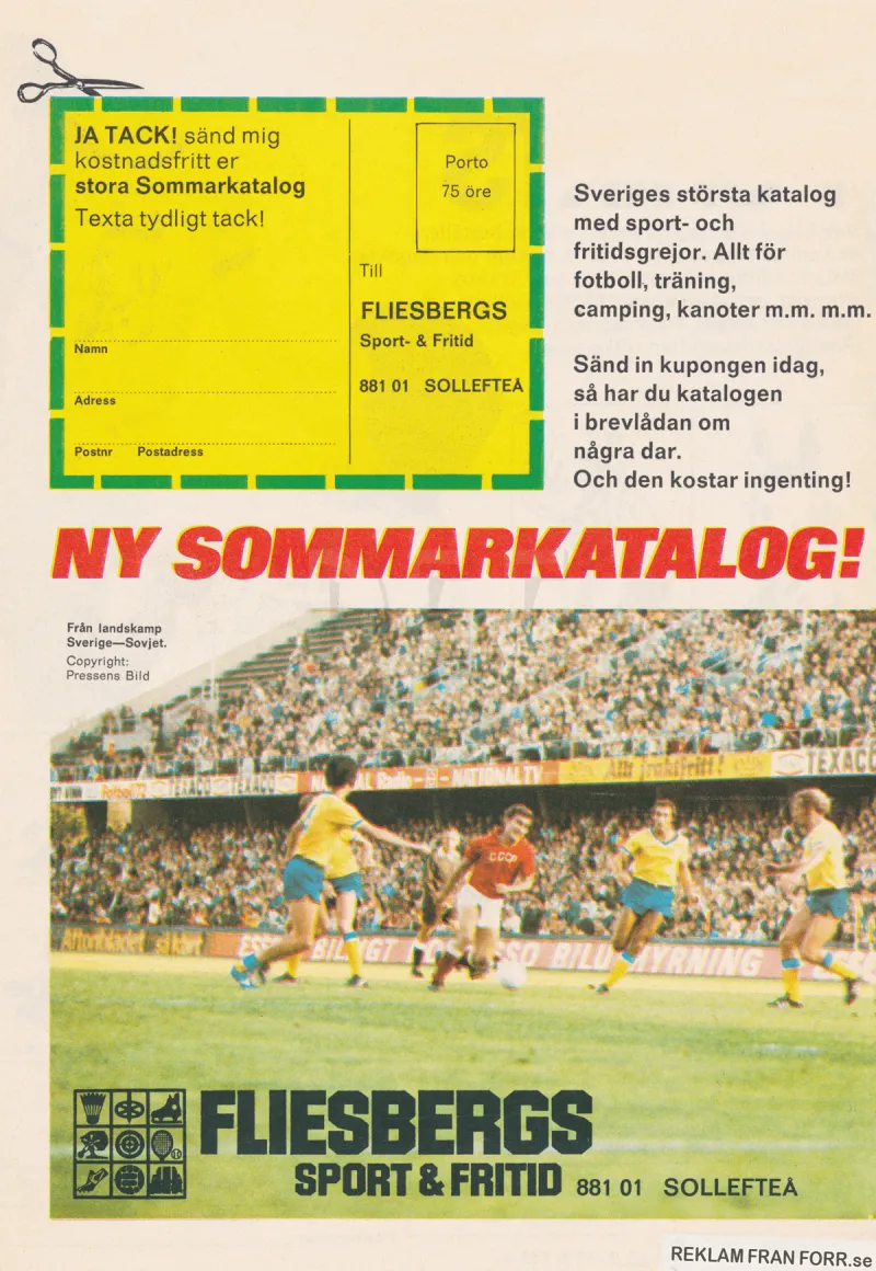 Reklam för Fliesbergs Sport & Fritid där man kan skicka efter en katalog