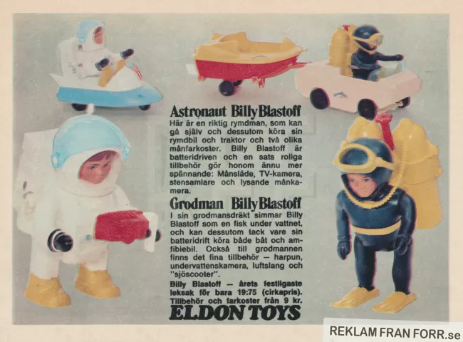 Reklam från Eldon Toys som lyfter fram leksaksgubben Billy Blastoff