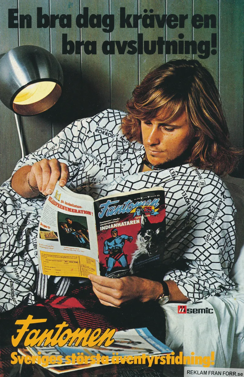 Reklam för serietidningen Fantomen där Björn Borg ligger i en säng och läser tidningen