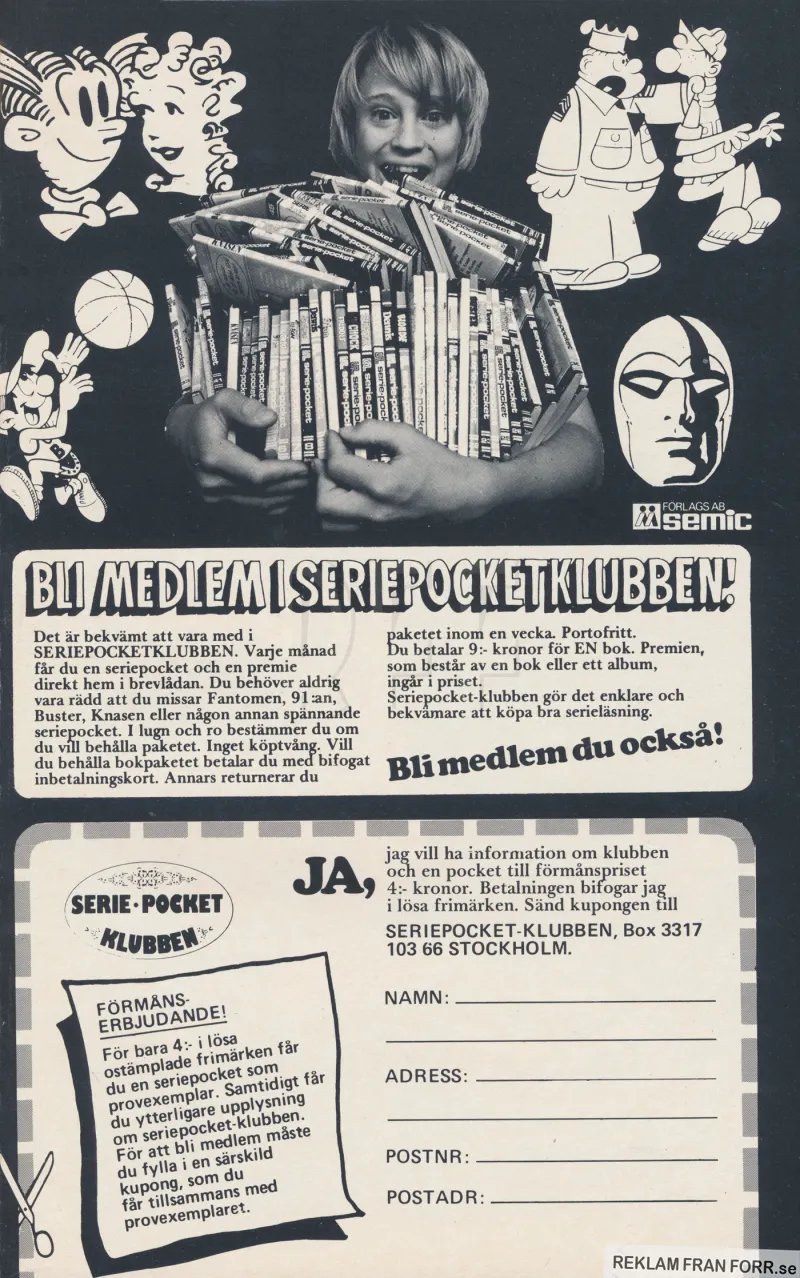 Reklam för Seriepocketklubben där, om du anmäler dig, får hem en seriepocket i brevlådan varje månad