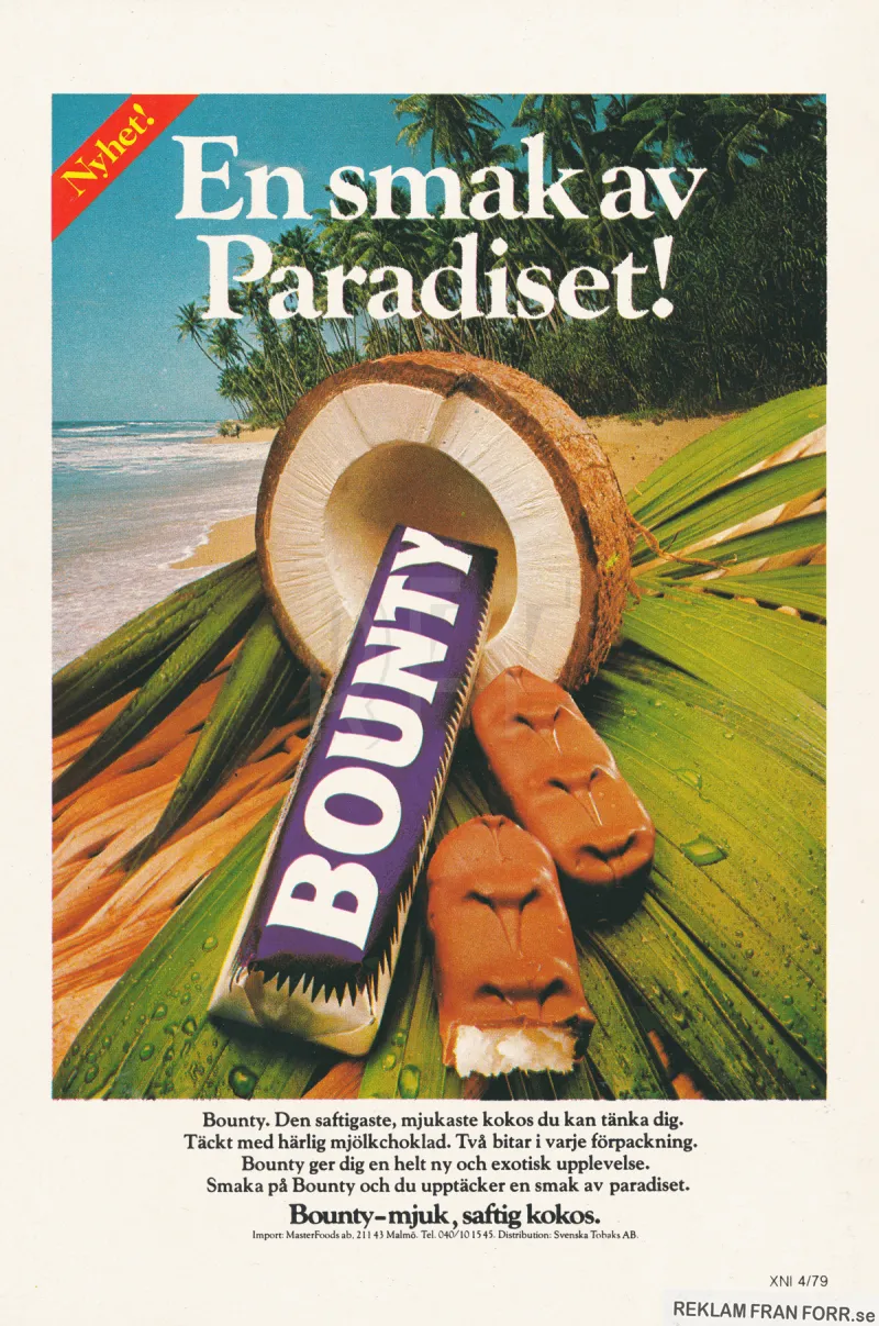 Reklam för chokladbiten Bounty med sin slogan "En smak av paradiset"
