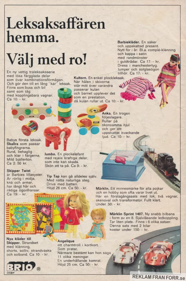 Informationsrik reklam för cirka ett dussin leksaker som saluförs av BRIO