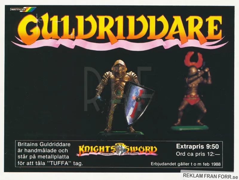 Reklam för handmålade leksaksriddare från Britains. Bilden visar två stycken av dessa leksaker mot en svart bakgrund.