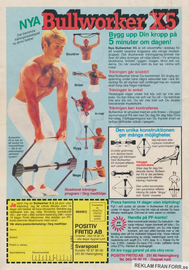 Reklam för träningsredskapet Bullworker med en muskulös kille som visar sex stycken olika övningar på bild