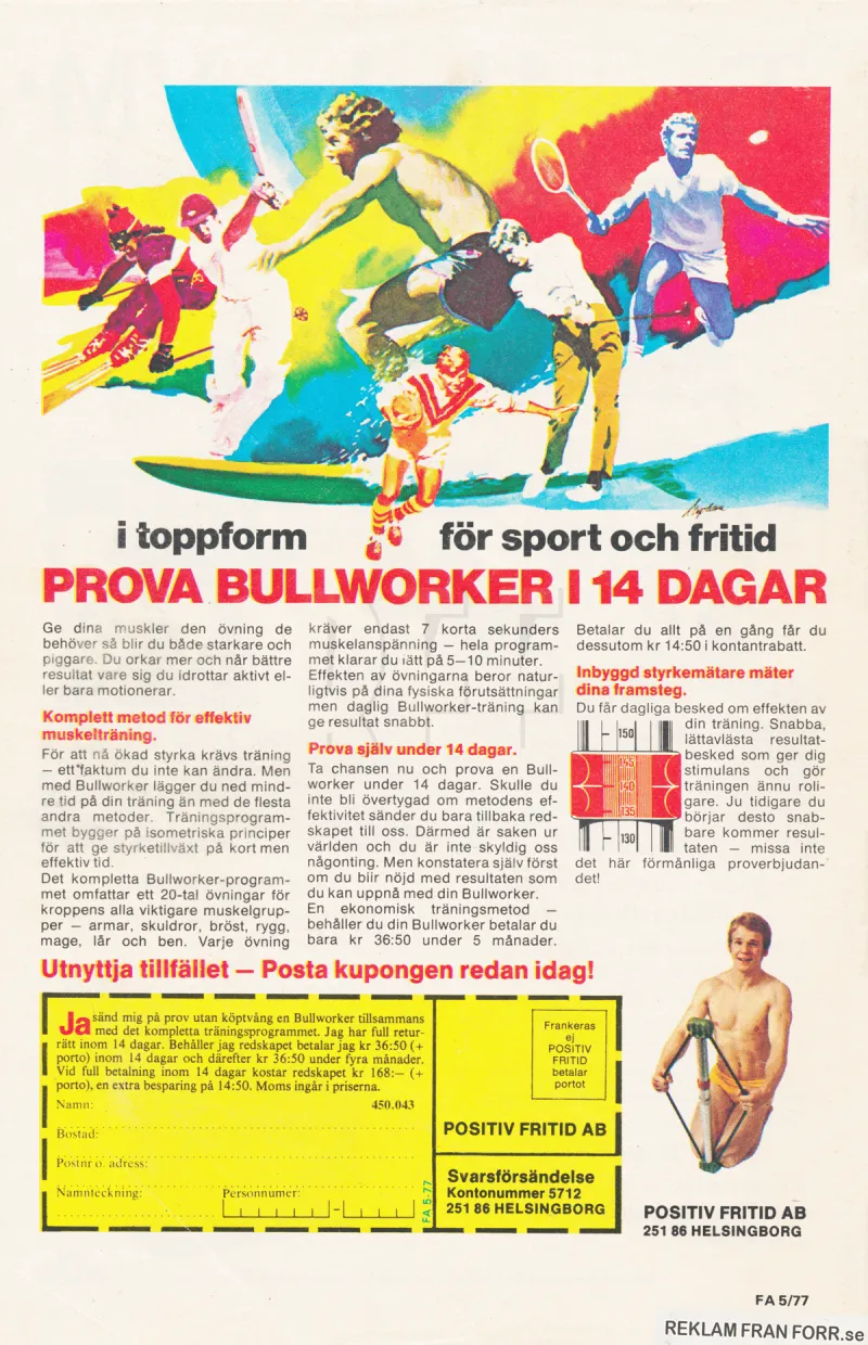 Reklam för träningsredskapet Bullworker från Positiv Fritid AB