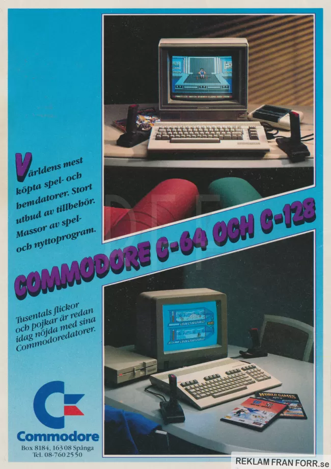 Annons för hemdatorerna Commodore 64 och dess "storebror" Commodore 128