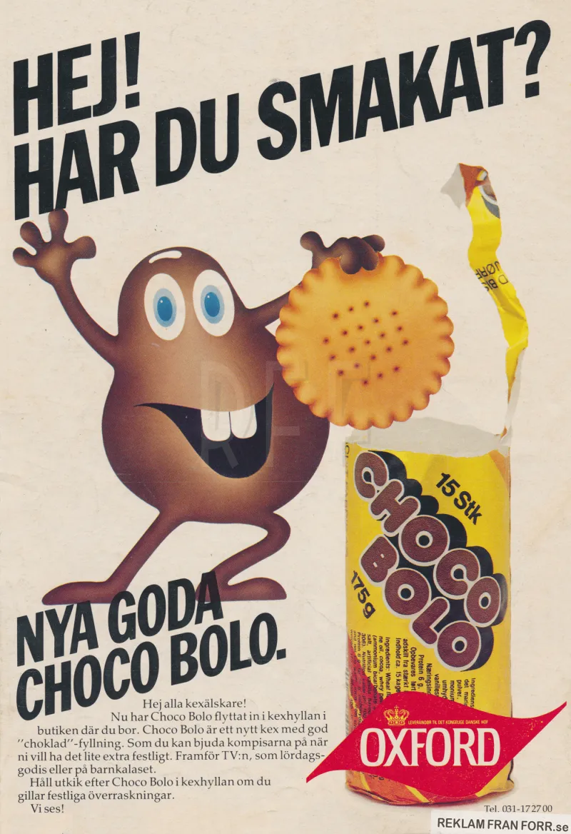 Reklam för chokladkexet Choco Bolo med dess maskot som visar upp kexet