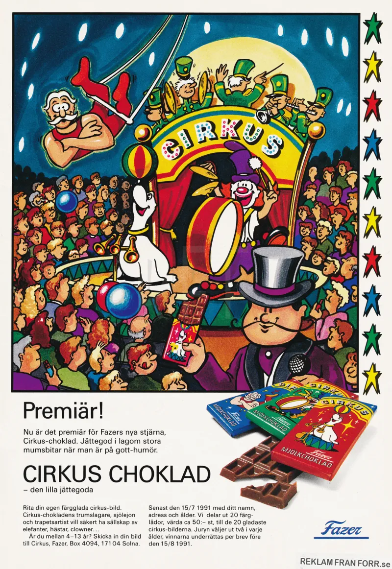 Reklam för nya chokladkakan Cirkus choklad från Fazer