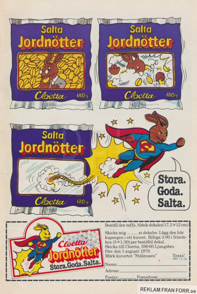 Reklam för jordnötter från Cloetta där en mus äter nöten och blir en "stålmus"