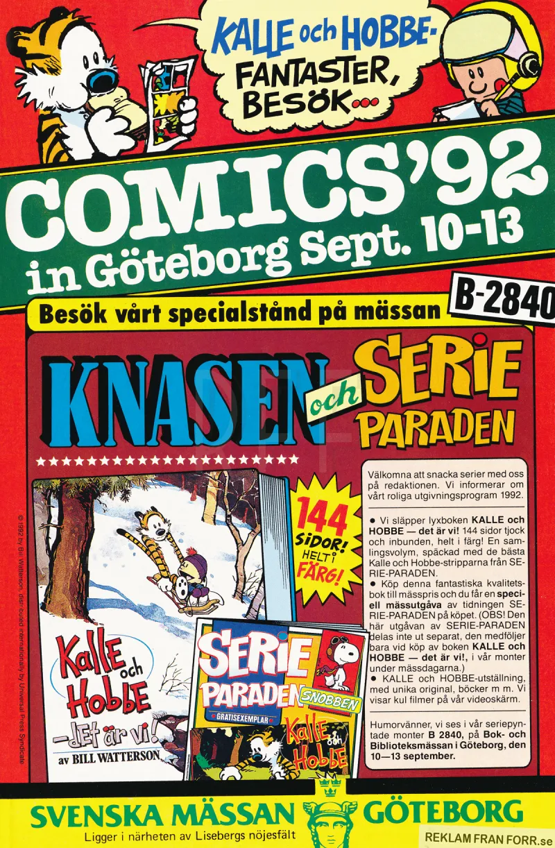 Reklam för Bok- och biblioteksmässan och mer noggrannt Comics'92, seriemässan i anslutning