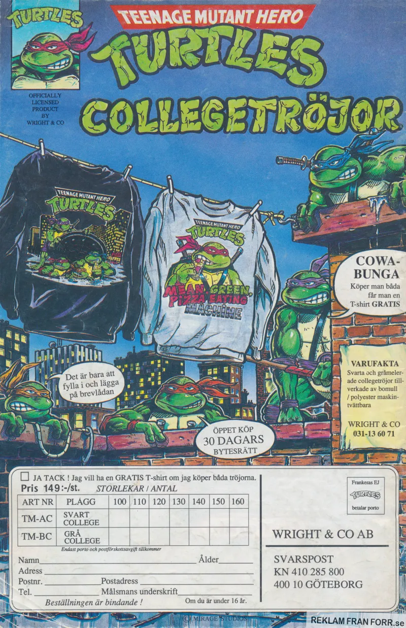 Reklam från Wright & Co som säljer tröjor med Teenage Mutant Hero Turtles-tryck