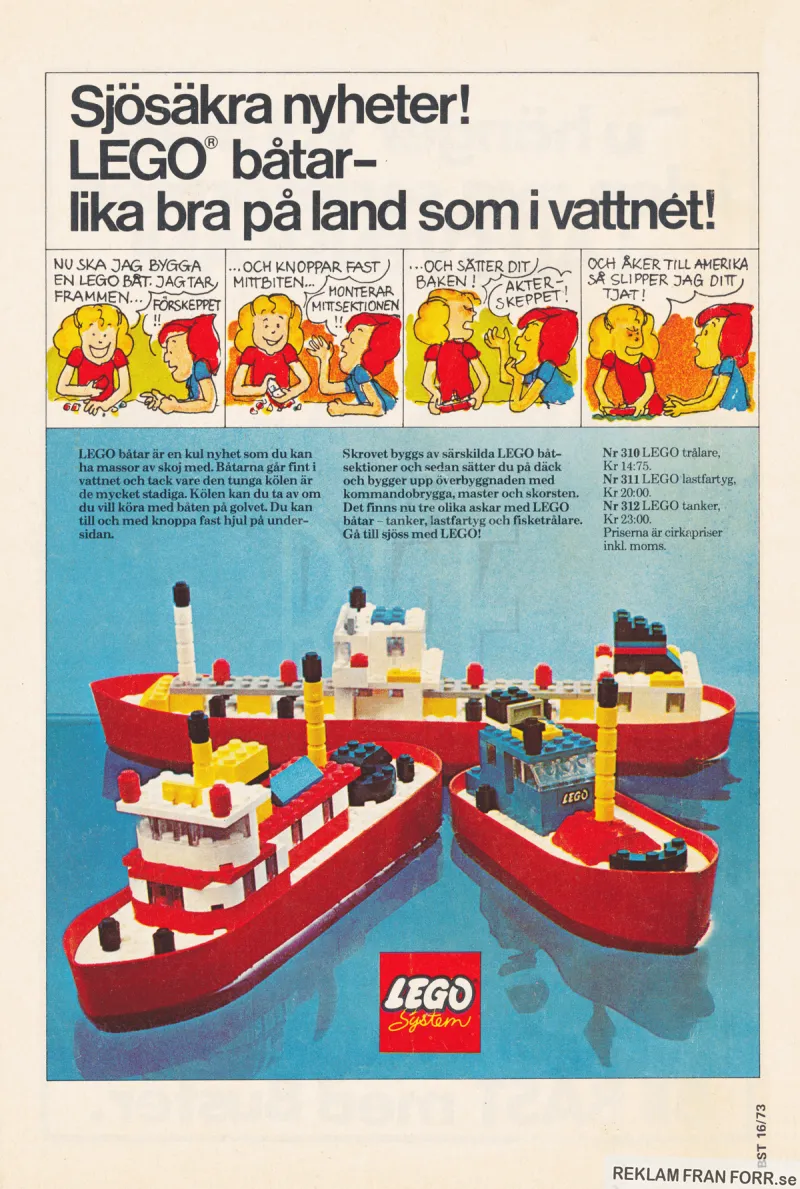 Reklam för LEGO med en kort seriestripp och sedan en produktbild på båtar ifrån LEGO
