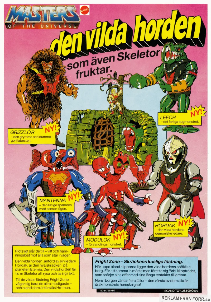 Reklam för nya leksaksfigurer i serien Master of the Universe, totalt fem figurer finns avbildade tillsammans med en fästning som heter Fright Zone