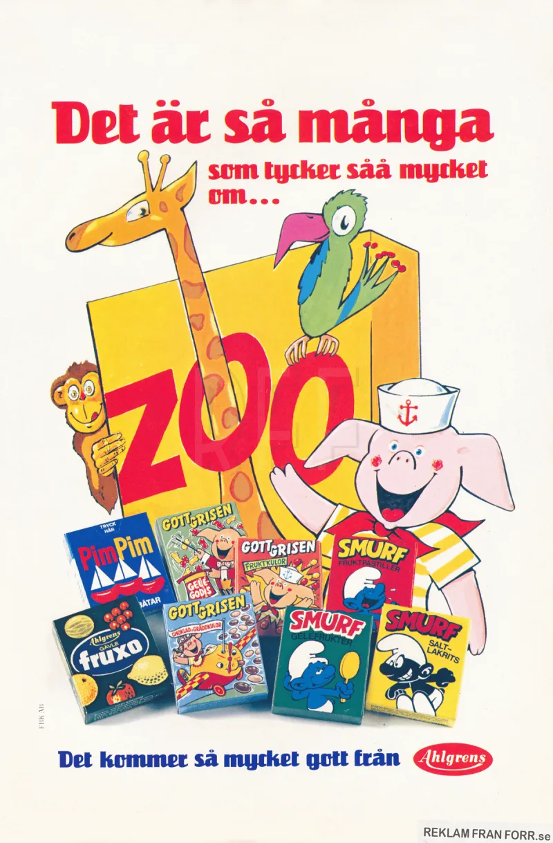 Reklam för åtta olika tablettaskar från Ahlgrens godisfabrik