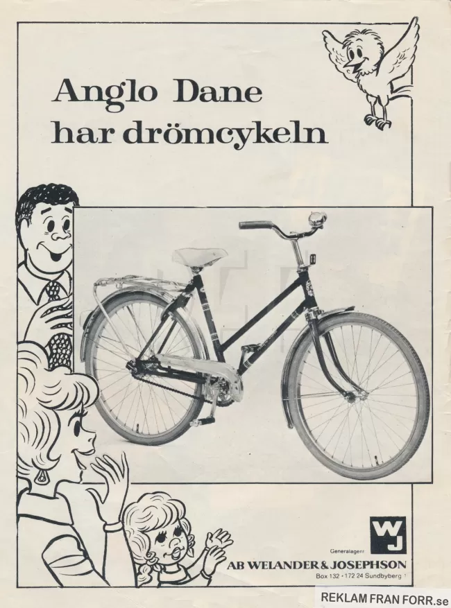 Seriefigurerna från tidningen Peo gör reklam för cykeln Anglo-Dane