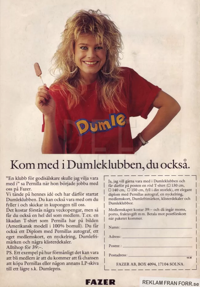 Reklam för Dumleklubben med godisälskaren Pernilla Wahlgren