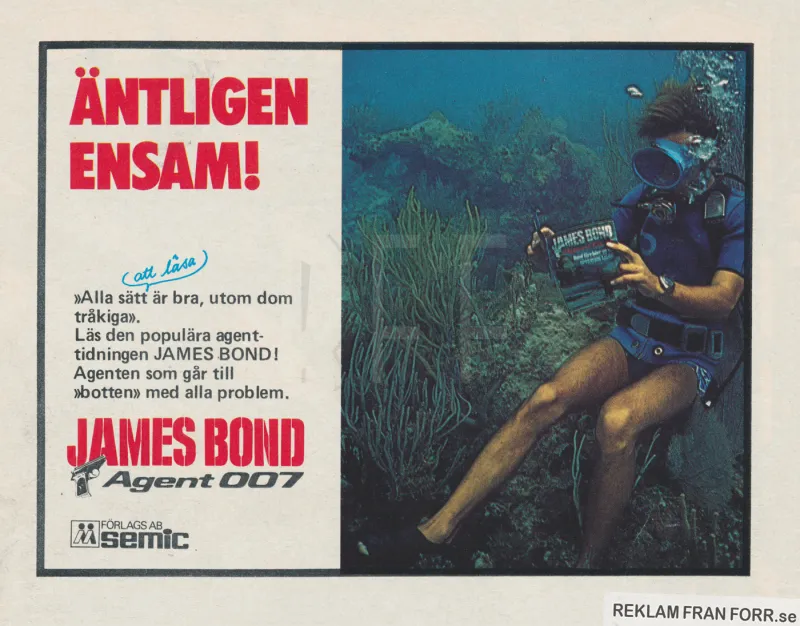 Reklam för serietidningen James Bond där en dykare under vattnet läser serietidningen