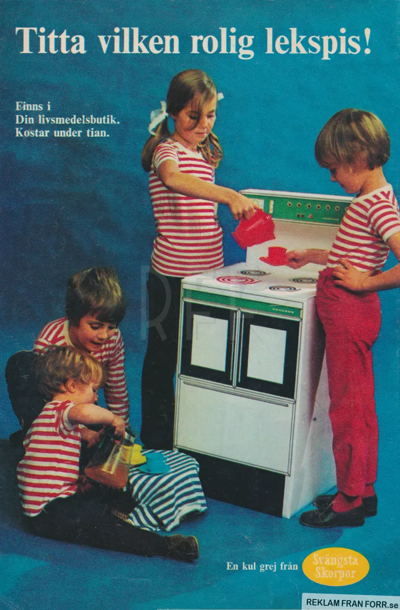 Reklam för en leksaksspis som man kan köpa i sin livsmedelsbutik för knappt en tia, med avsändare Svängsta Skorpor