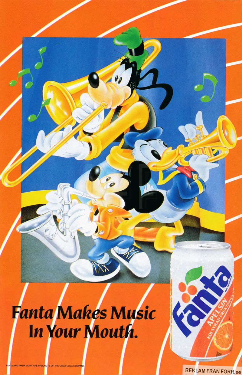 Reklam för drycken Fanta med en bild av Långben, Musse Pigg och Kalle Anka som spelar musikinstrument