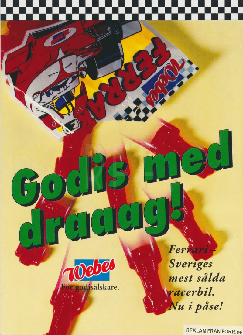 Reklam för godisbilarna Ferrari från Webes som nu säljs i påse