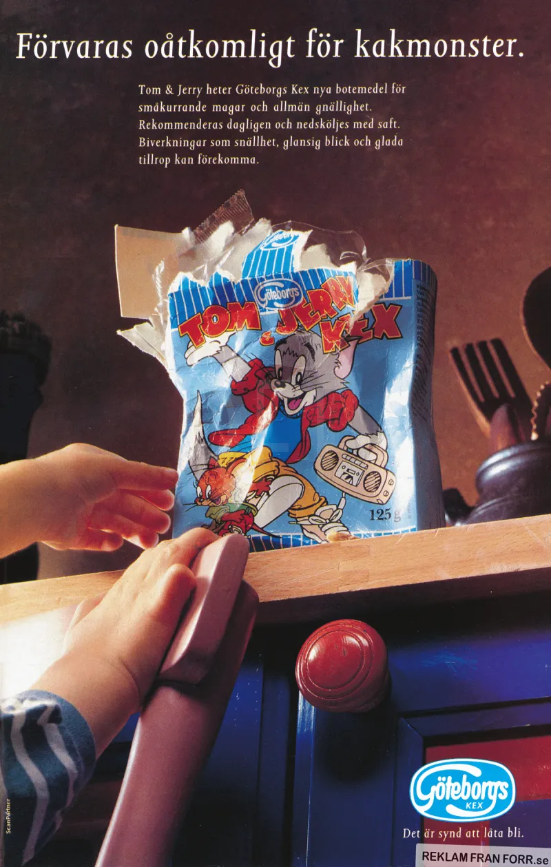 Reklam för Göteborgskex med Tom & Jerry på kartongen