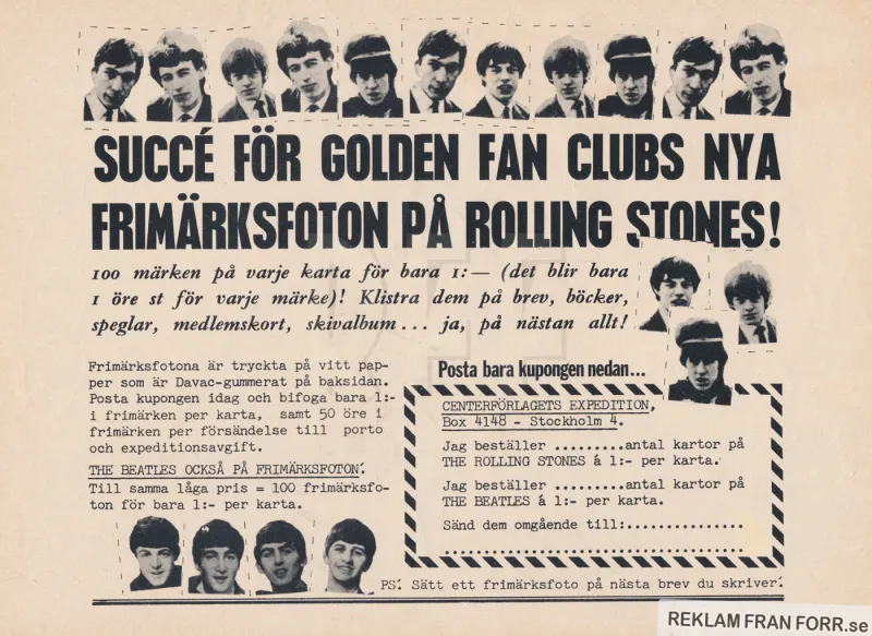 Reklam för frimärksfoton med Rolling Stones, märken som kan du sätta på dina brev för att visa att du tycker om Rolling Stones