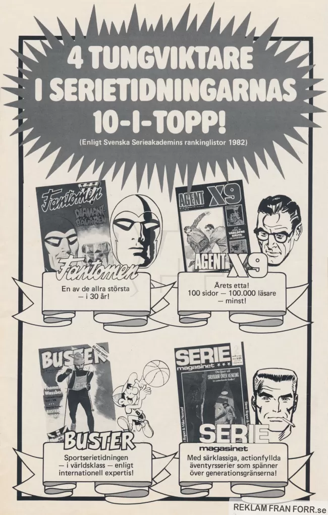 Reklam för fyra serietidningar som hamnat på Serieakademins topplista