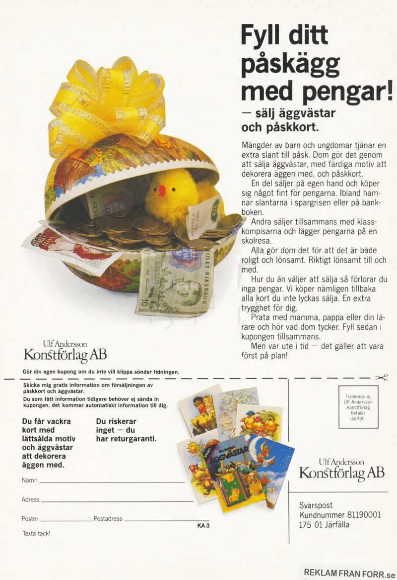 Reklam för Ulf Andersson Konstförlag som säljer påskkort som klasselever kan sälja och tjäna pengar till en klassresa