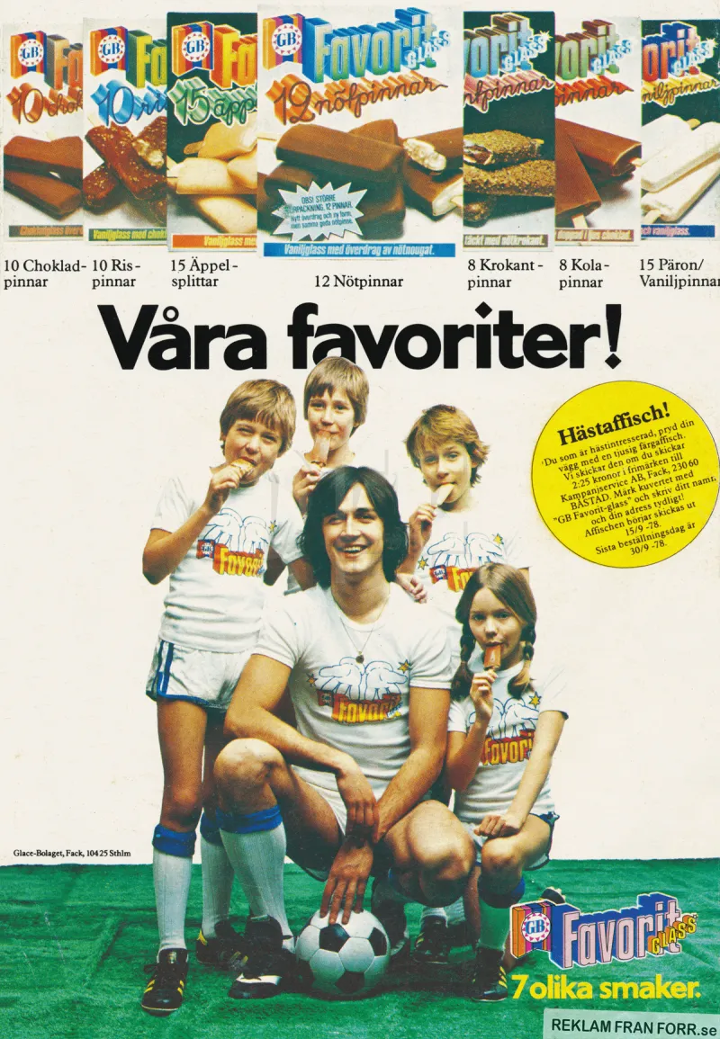 Reklam för GB Glass och deras storförpackningar med pinnglass. I annonsen finns även Ralf Edström