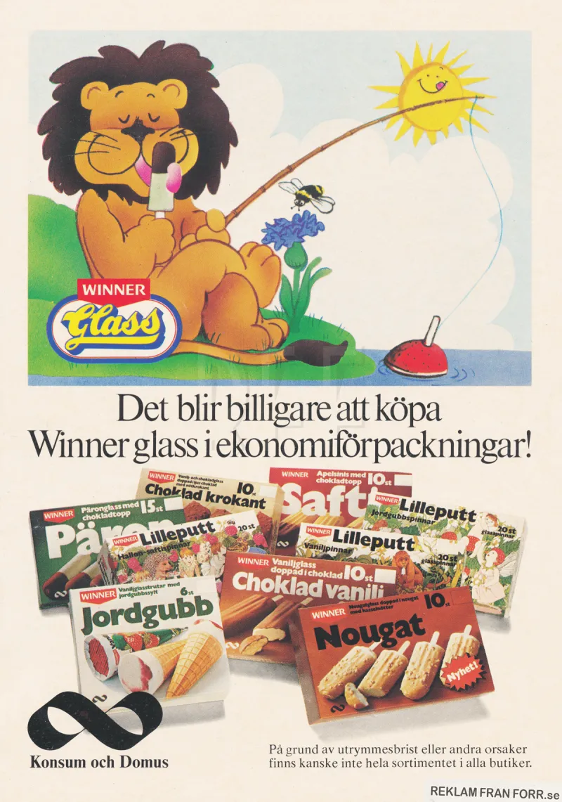 Reklam för Winner glass där ett tecknat lejon sitter och fiskar vi en sjö samtidigt som han äter en päronglass