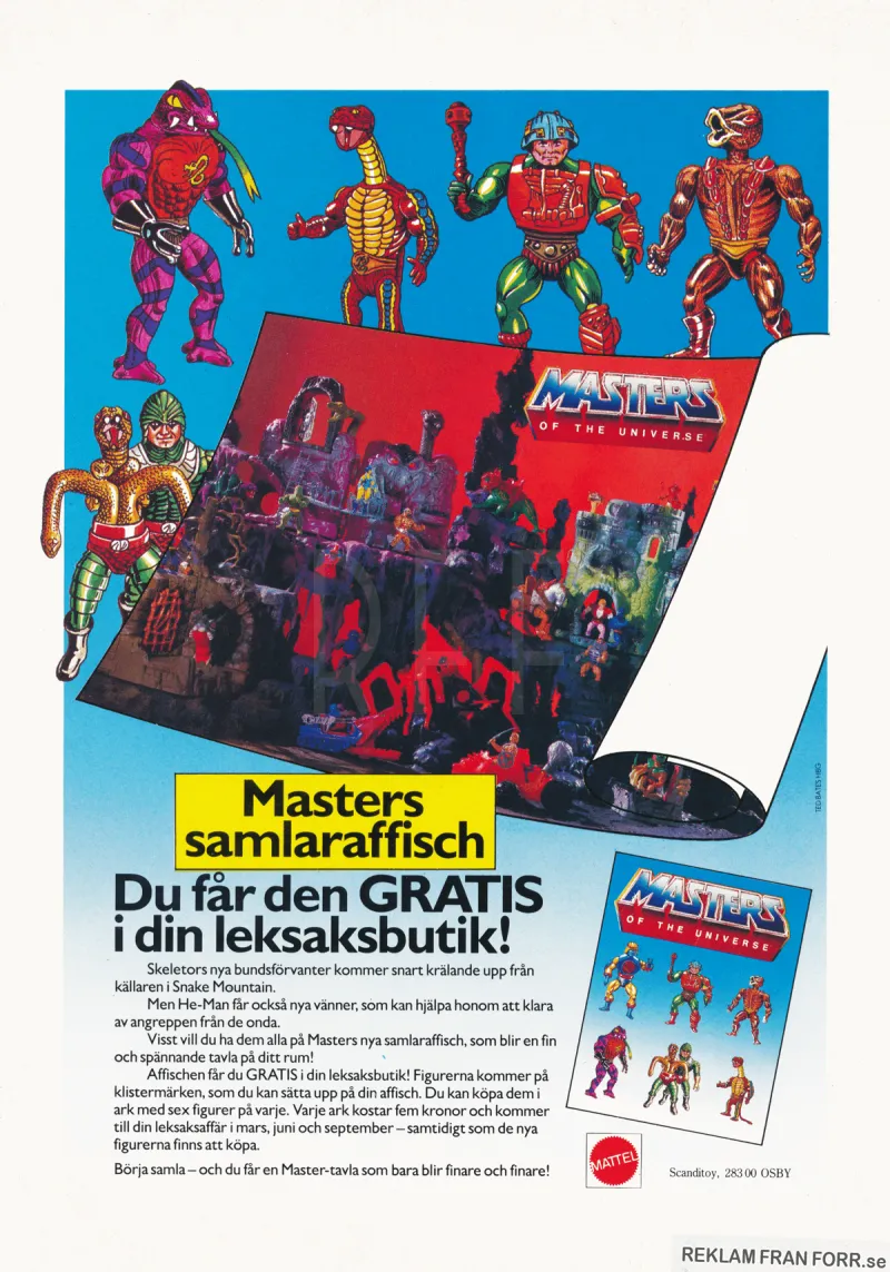Reklam för möjligheten att få en affisch i din leksaksaffär som visar en miljö från Master of the Universe