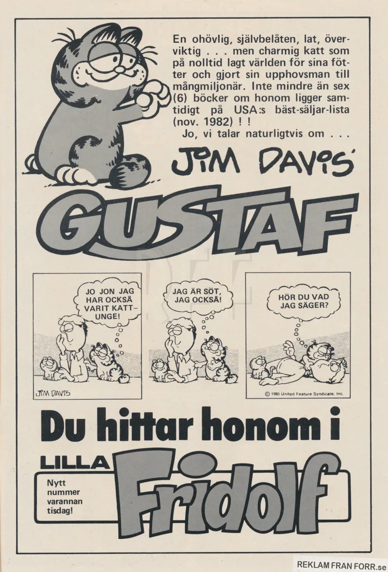 Reklam för serien Katten Gustaf som man kan läsa i Lilla Fridolf