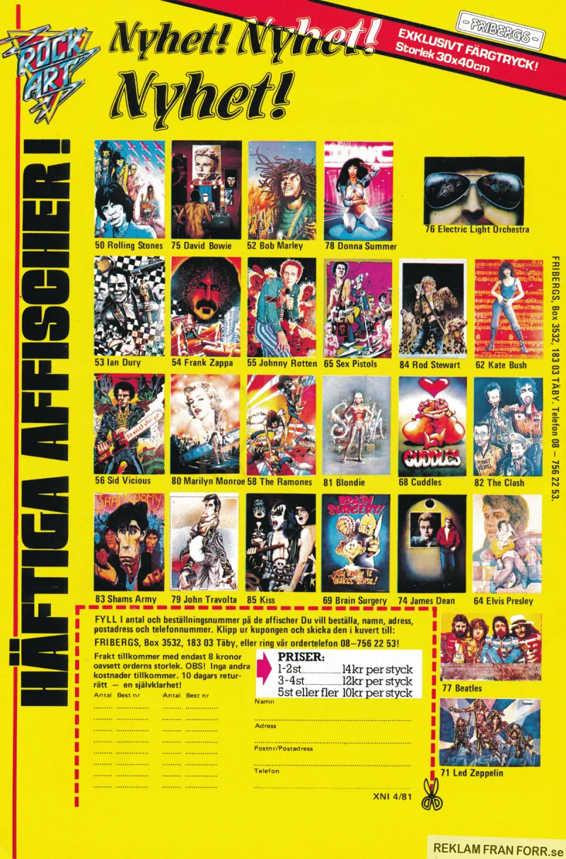Reklam för Rock Art AB som visar upp de affischer de har till försäljning via postorder