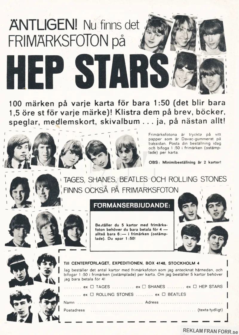 Reklam för frimärksfoton på bland andra Hep stars