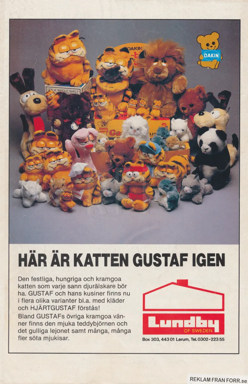 Reklam för mjukisdjur i form av katten Gustaf