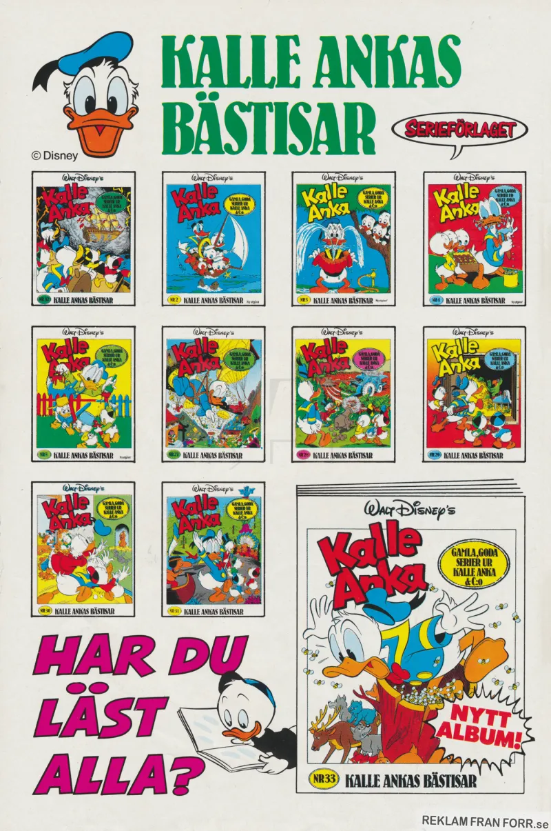Reklam för seriealbumen Kalle Ankas Bästisar från Serieförlaget