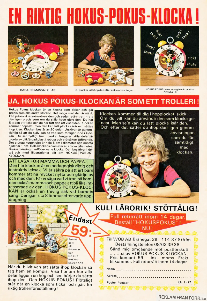 Annons för Hokus Pokus-klockan som du själv monterar ihop