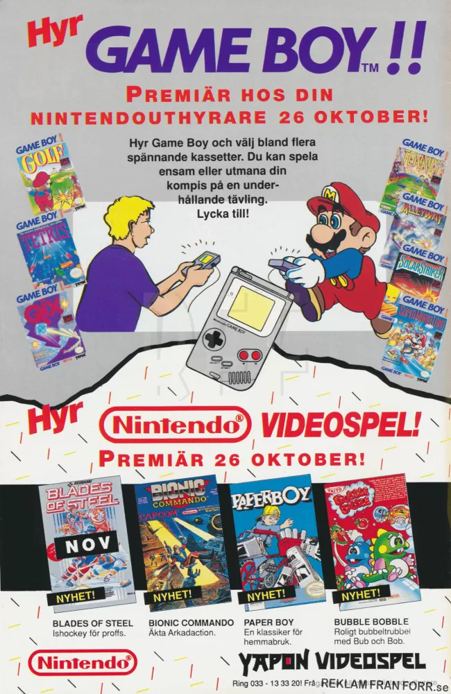 Annons för nya spel till Nintendos basenhet samt GameBoy