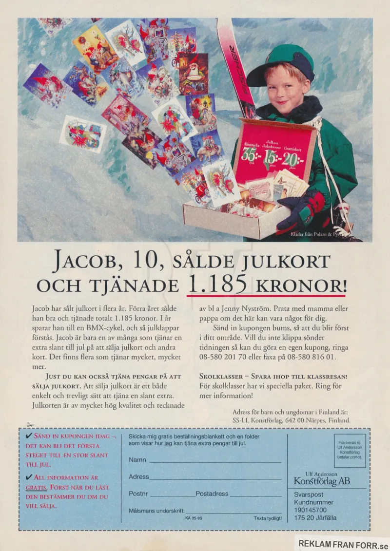 Reklam för Ulf Andersson Konstförlag som ger ungdomar möjlighet att tjäna lite extra pengar genom att sälja julkort