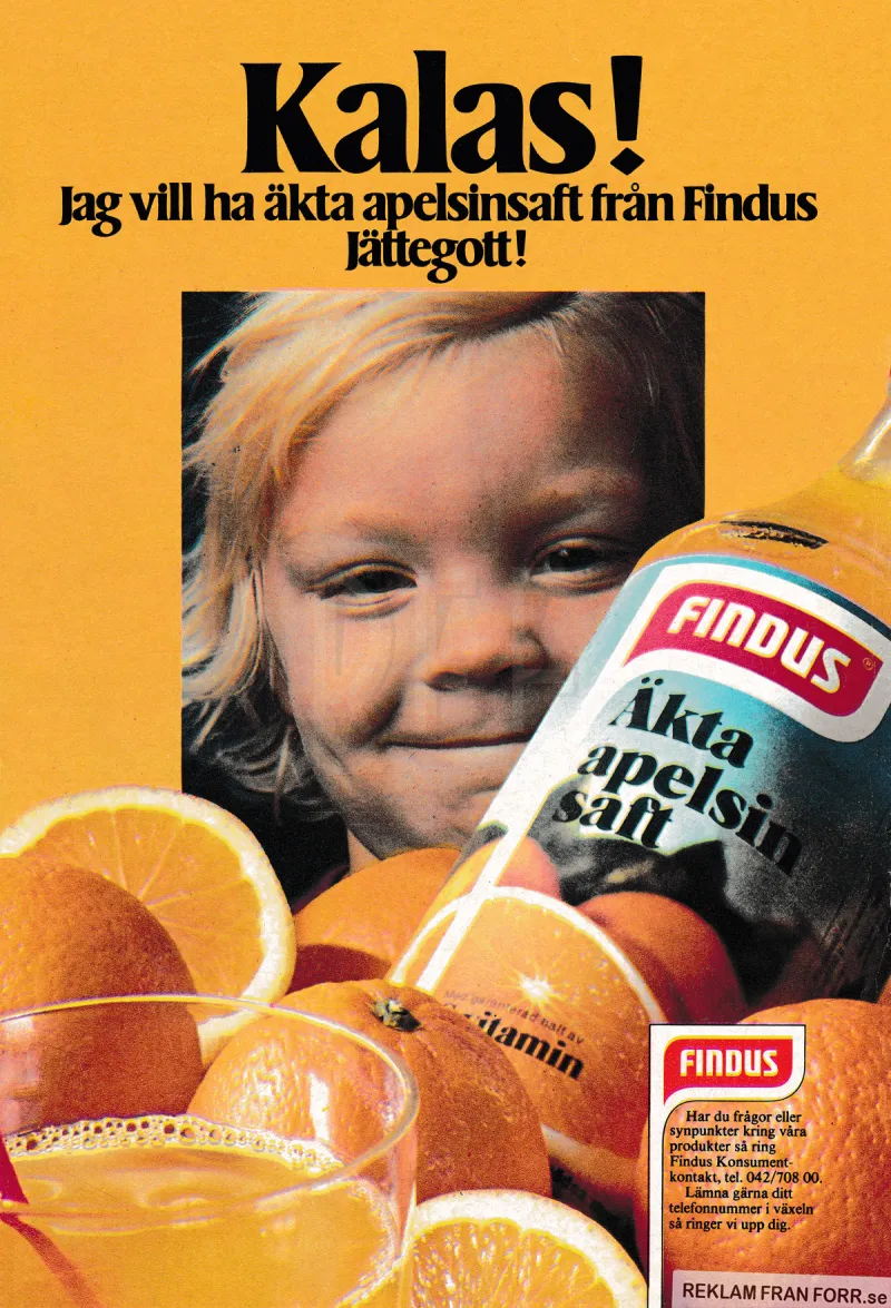 Reklam för apelsinsaft från Findus