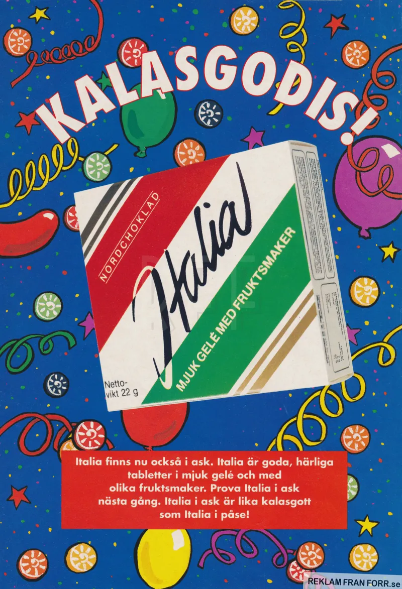 Reklam för godiset Italia som nu även kommit i tablettask