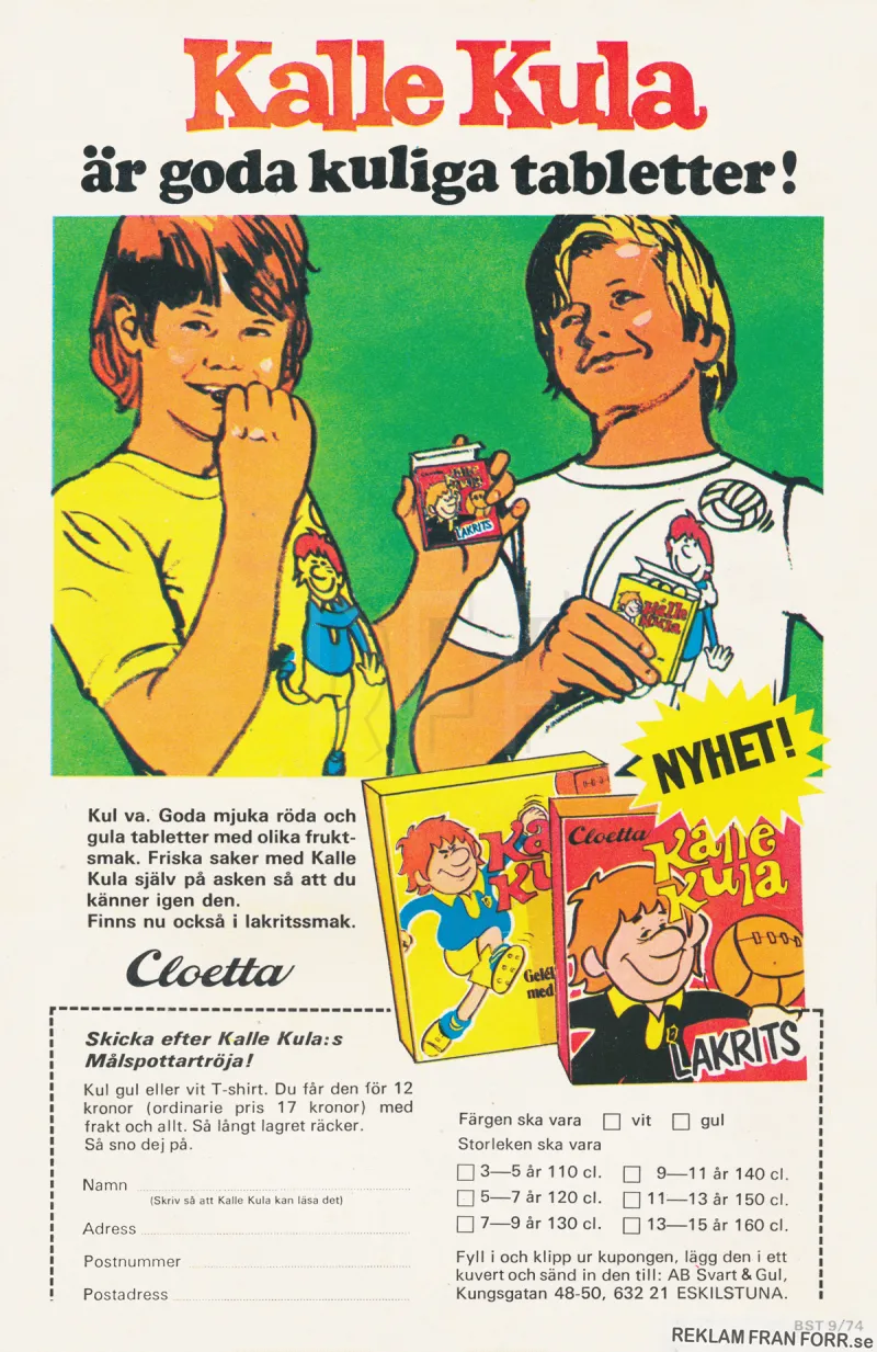 Reklam för tablettasken Kalle Kula samt möjligheten att köpa en t-shirt med tryck av sagda Kalle