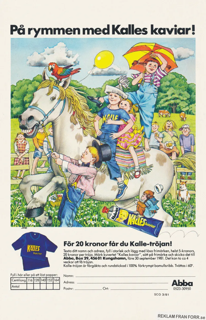 Reklam för Kalles Kaviar, illustrerad av Jane Bark